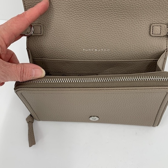 Tory Burch Thea flat crossbody wallet French gray clutch purse bag silver new - Picture 3 of 6